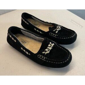 UGG Genoa Moccasin Shoes Women's 6 Black Suede Shearling Driving Loafer Slippers